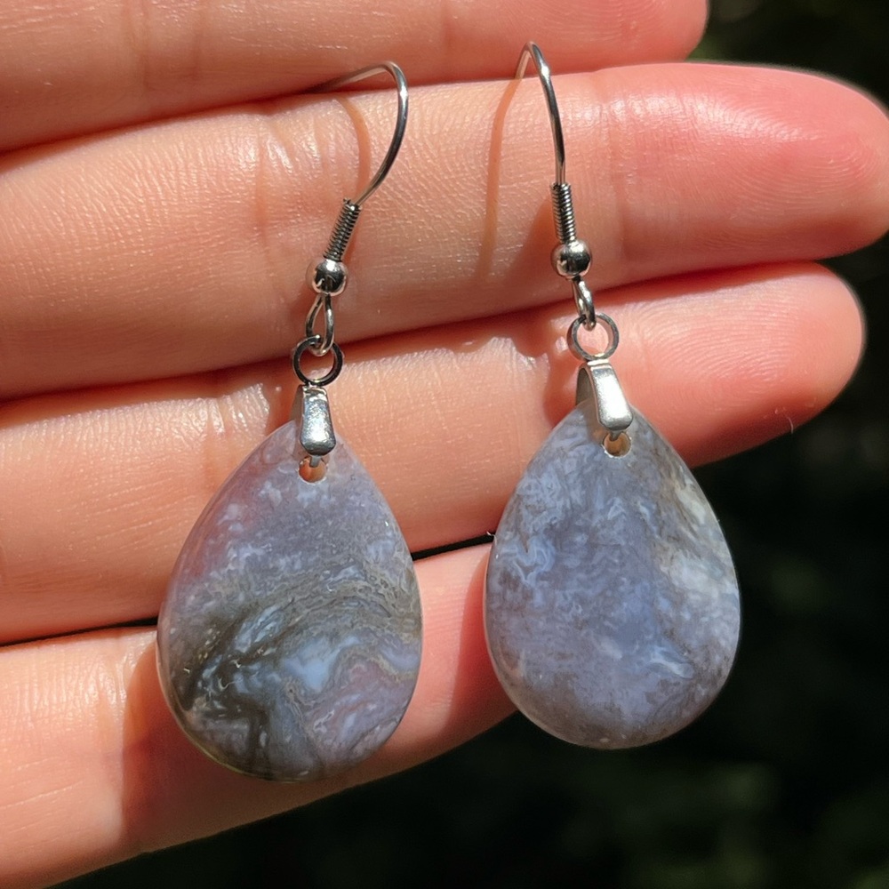 Stainless steel purple moss agate drop earrings